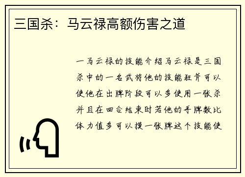 三国杀：马云禄高额伤害之道
